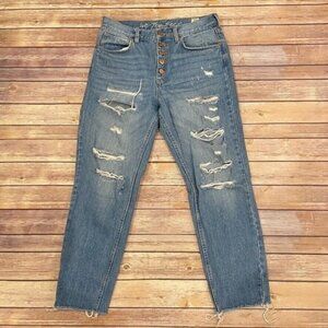 We The Free High Rise Button Front Boyfriend Jeans Distressed Destroyed